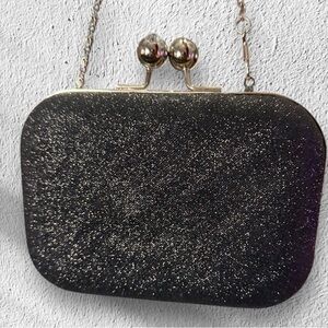 Lulu Townsend Clutch Black Sparkle Hardcase Cross Body with Silver Chain